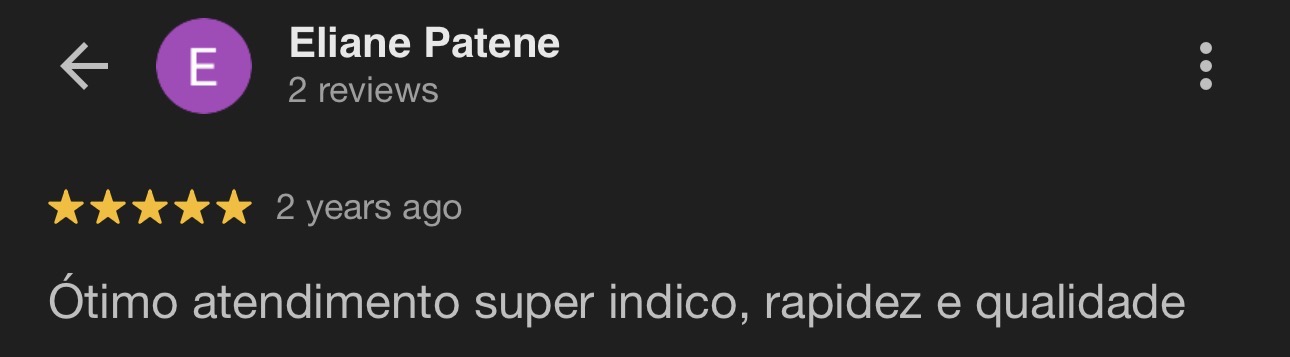Avaliação 5 estrelas de Eliane Patene no Google
