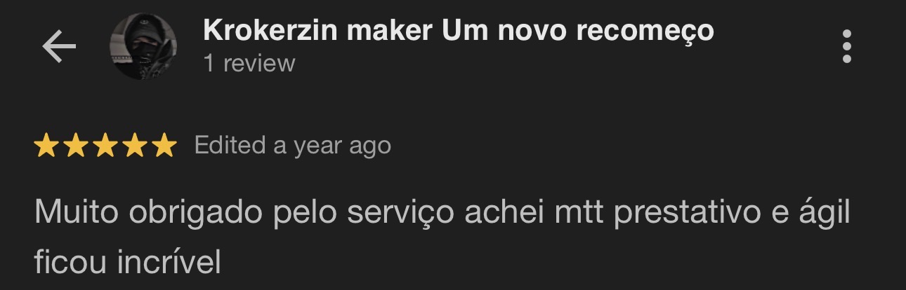 Avaliação 5 estrelas de Krokerzin Maker no Google